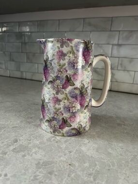 Vintage Crown Burslem Heavy Ceramic Pitcher with Purple & Pink Hydrangea Design